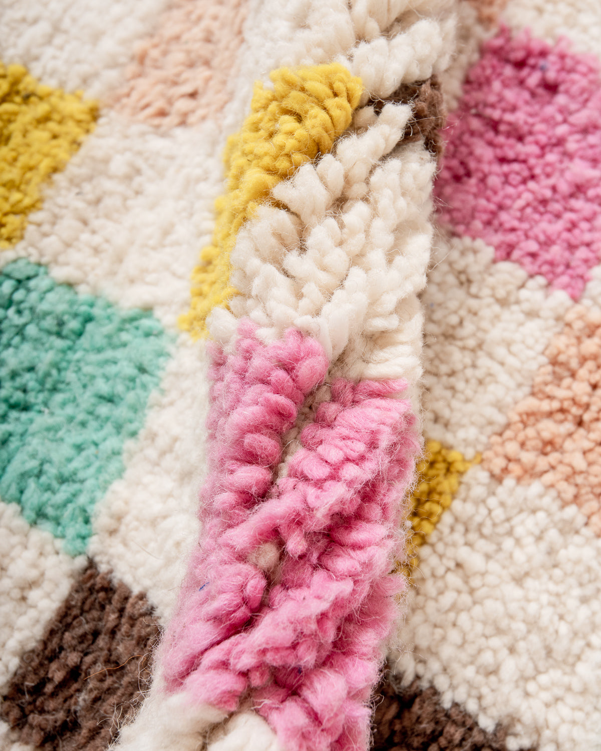 Modern, designer, handcrafted Berber rug from Morocco. Beniourain carpet with beautiful colours and patterns and fluffy wool texture.